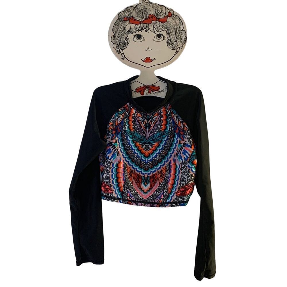 ART CLASS Girl’s Black Abstract Print Long Sleeve Crop Swim Top / Size: Med 7-8